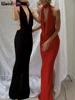Weird Puss Hollow Halter Dress Women Low-Neck Backless Sexy Sleeveless Slits Robe Trend Midnight Banquet Coquettish Long Bodycon 3