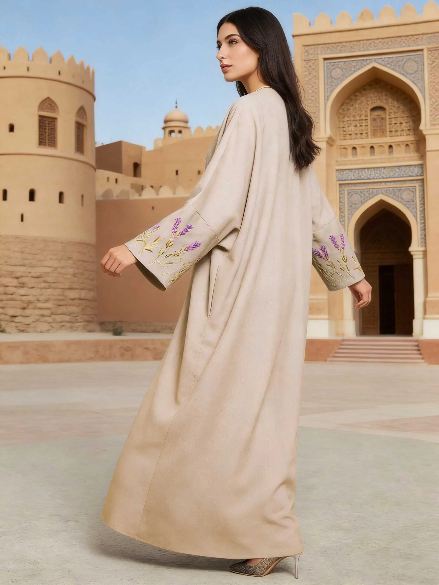 Open-Front Abaya Lavender Embroidery Cuff Design Women Muslim Moroccan Kaftan Ramadan Jalabiya Islam Dubai Arabic