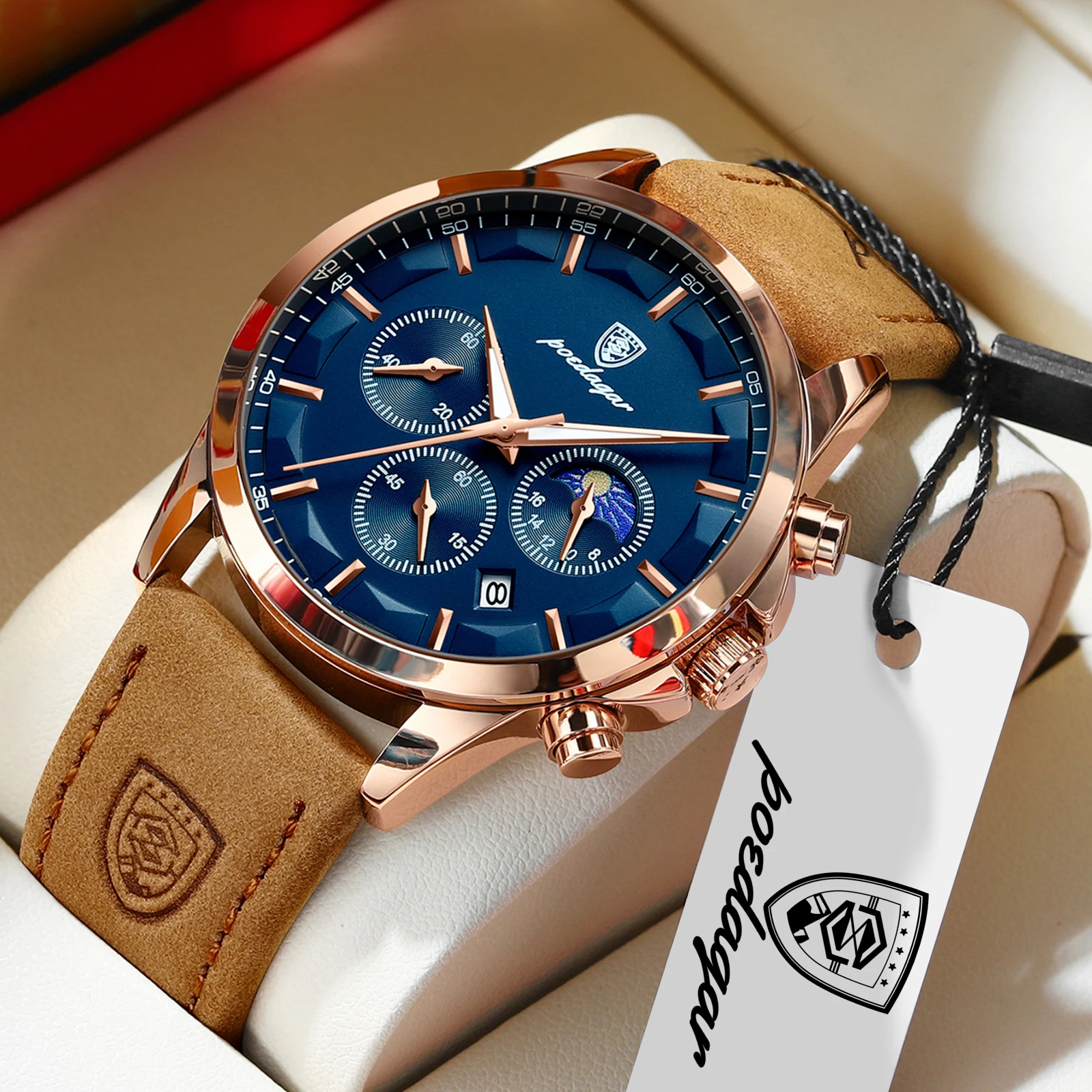Relógio masculino de alta moda, luminoso, à prova d'água, com pulseira de couro e mecanismo de quartzo. Possui data, cronógrafo e é ideal para negócios._voghion.com