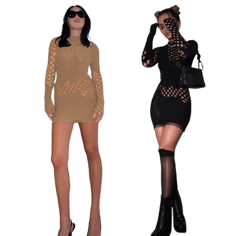 

Black Sext Fishnet Short Dress Hollows Outs Super Short Dresses for Women