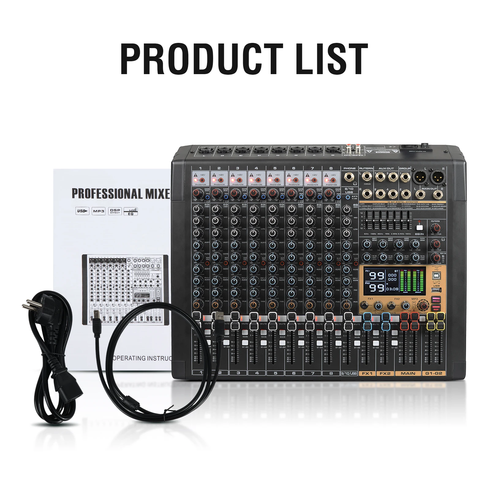 구어미 RAD8 프로 8채널 오디오 믹서 USB 인터페이스 99개 DSP 효과 7밴드 EQ 48V 팬텀 파워 (스튜디오 라이브용)