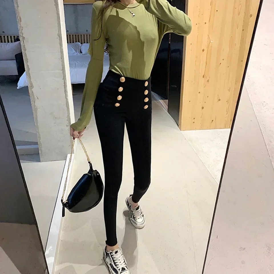 Fashion women's trousers Spring autumn new high-elastic double-breasted tight-fitting high-waisted slimming pants Women's pants 3