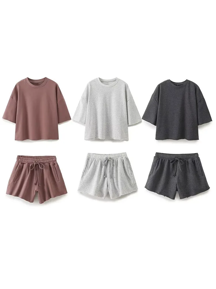 여성 빈티지 솔리드 티셔츠 반바지 세트 O넥 반팔 셔츠 탑 + 밴딩 허리 루즈핏..