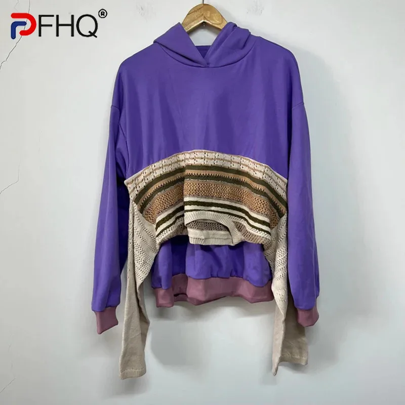 

PFHQ Men's Only XL Size Deconstructed Hooded Pullovers Personality Fake Two-piece Patchwork Loose Fitting Tops Autumn 21Z3531
