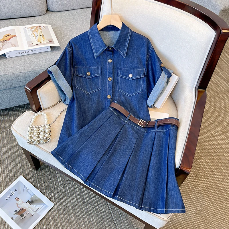 

Women Summer Denim Suit Shirt Top And Min Pleated Skirt Two Piece Set Matching Outfits Vintage Blue Lage Size Fashion Clothing