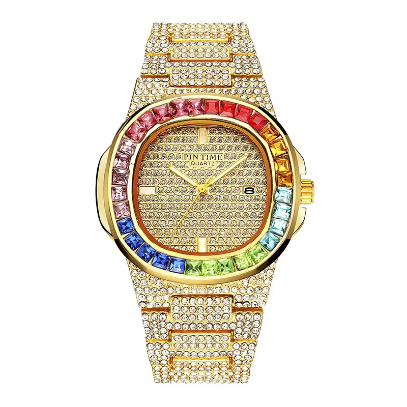 Luxury Top Brand Watch For Men Full Diamond Colorful Chronograph Military Watches Unisex Clock Quartz Wristwatch Reloj Hombre