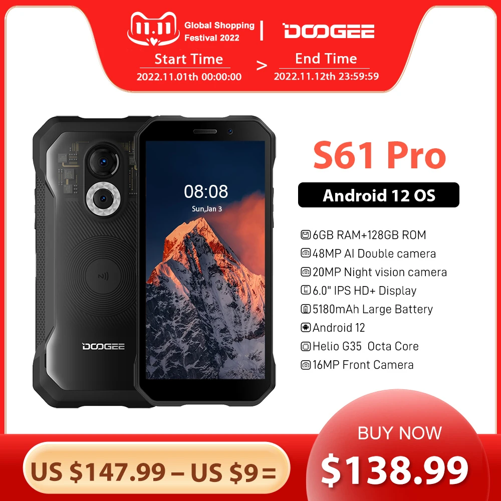 DOOGEE S61 Pro 6GB 128GB Cellphones Rugged Mobile Phone 6.0 Inch ...