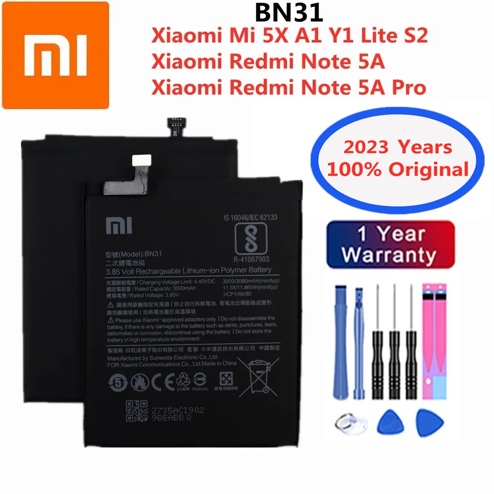 

2023 Years BN31 100% Original Battery For Xiaomi Redmi Note 5A / Note 5A pro Mi 5X A1 Y1 Lite Redmi S2 3000mAh Phone Battery