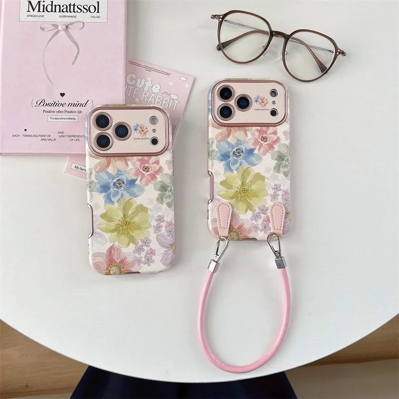 Korean Style Flower Phone Case with Wrist Strap – Shockproof Retro Floral Protective Cover