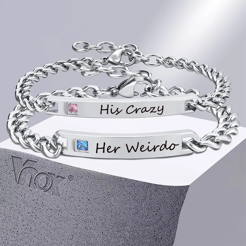 Vnox Free Custom His and Hers Nameplate ID Matching Couple Bracelets for Women Men,Never Fade Love Valentine's Day Gifts