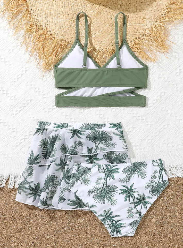 Girls 3pack Coconut Palm Print Bikini Sets with Skirts Cross Wrap Swimsuit 7-12 Years Children's Swimwear Bathing Suit