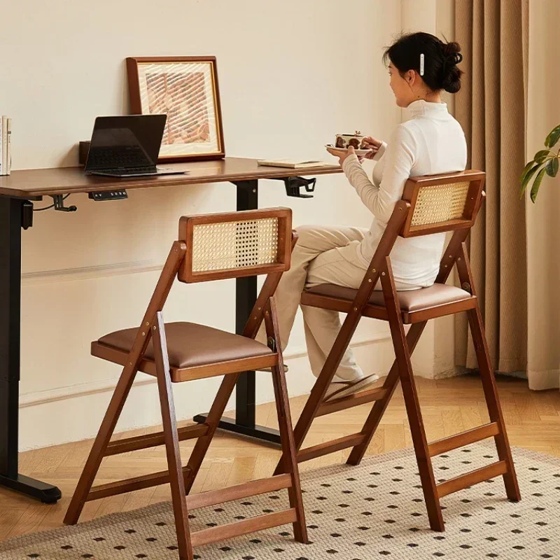Modern Simple Folding Bar Chair Solid Wood High Stool Dining Room Japanese Style Rattan Back Dining Chair Nordic Furniture