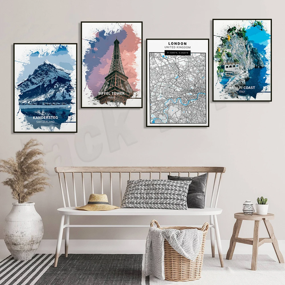 Kandersteg Svizzera, Tower Bridge Londra Regno Unito, Mappa Di Londra, Costa Di Amalfi Italia, Torre Eiffel Parigi Francia Poster Da Viaggio Regalo