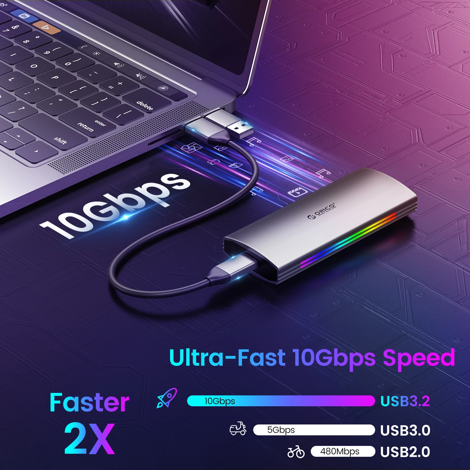 Orico Rgb 10gbps m2 Nvme Ssd Gabinete de Alumínio Usb3.1 Gen2 Case para m Chave m & b Chave Unidade de Estado Sólido para Edição de Vídeo Gamer - Imagem 2