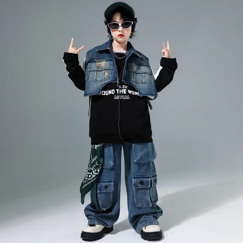 

Denim Blue Vest Jacket Long Sweatshirt Casual Multi Pockets Jeans Pants for Girl Boy Dance Costume Clothes Kid Hip Hop Clothing