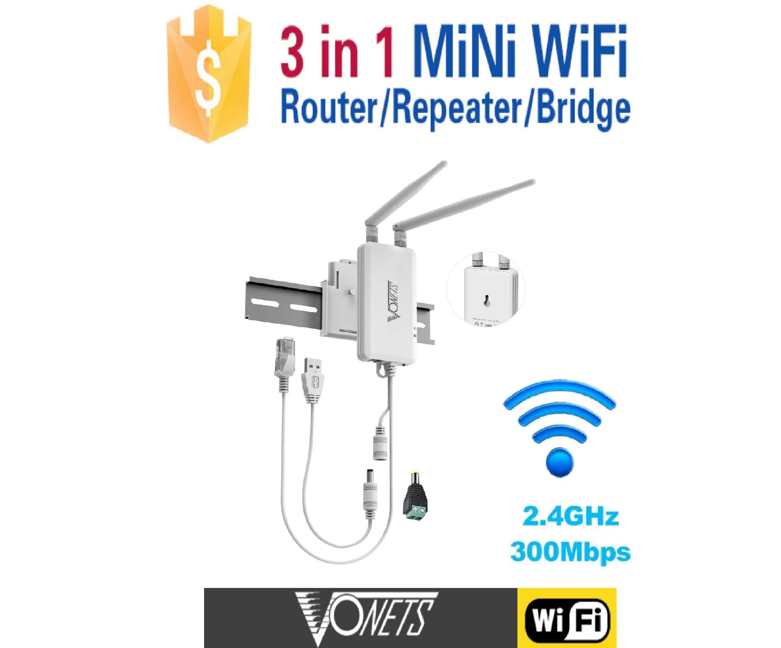 VONETS 5GHz Industrial Mini WiFi Router Bridge Repeater, WiFi to Ethernet  Adapter, Wireless Bridge Converts RJ45 Connection to Wireless, 2 External