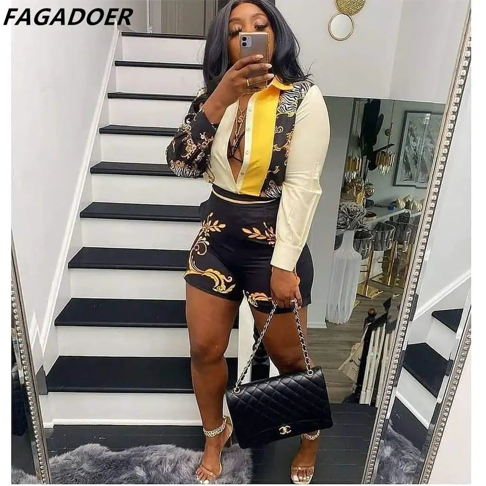 FAGADOER Geometric Retro Print Two Piece Sets Women Turndown Collar Button Long Sleeve Shirt And Shorts Tracksuits Outfits Fall