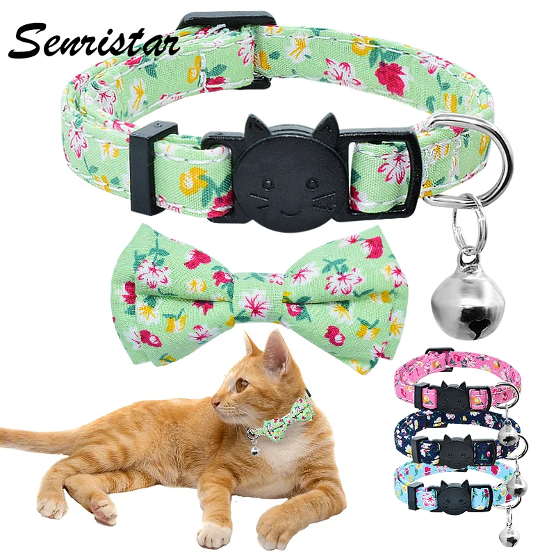 

Cute Bowtie Cat Collar Bell Safety Breakaway Cat Collar Necklace Adjustable Printed Bowknot Cat Collar For Kitty Accessories