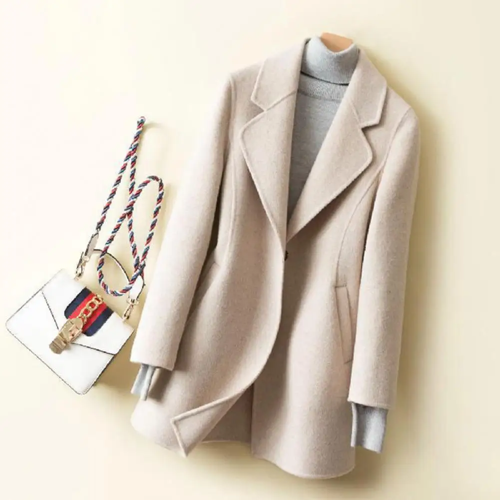 

Women Coat Autumn Winter Turn-down Collar Elegant Slant Pocket Long Sleeves Regular Fit Mid-long Ladies Female Jacket Outwear