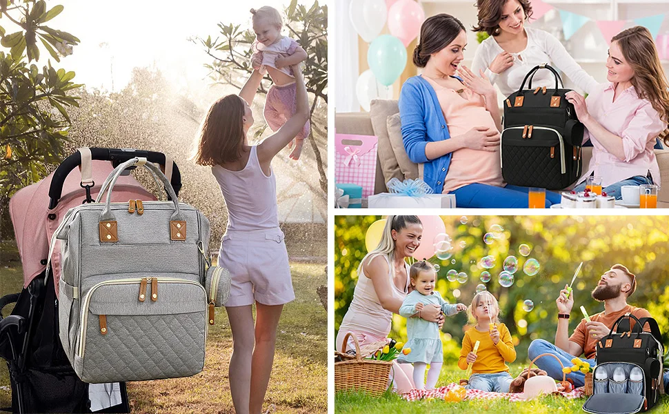 diaper bag is a good helper in travel, and also can be a baby shower gift.