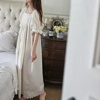 100% Cotton Princess Vintage Long Nightgowns French Embroidery Square Collar Short Sleeves Nightdress Ankle-Length Loose Nightie - Image 5