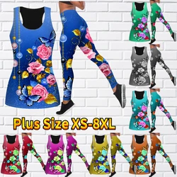 Women's Fashion 3D Blossom Print Tank Top and Tights Summer Sleeveless Slim Fit Tank Top Yoga Set XS-8XL