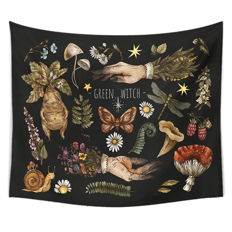 Vintage magic mushrooms Tapestry Wall Hanging witch hands mandrake root mushrooms plants Home Decor Decoration Mural Decor