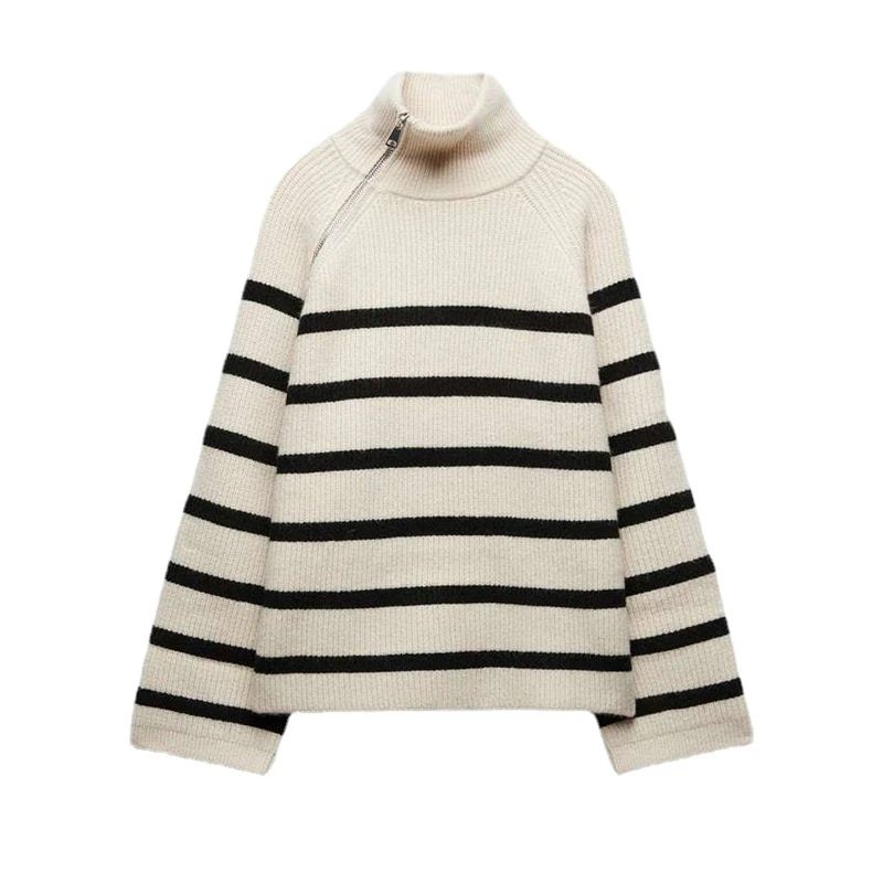 

2022 European and American fashion women's autumn new high-necked long-sleeved one-shoulder zippered knitted striped sweater