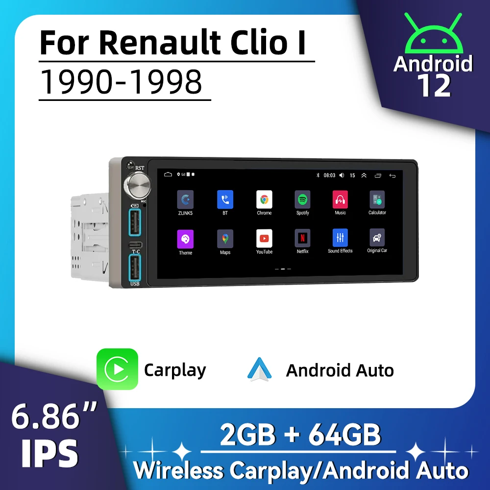 

6.86" Screen Android Car Multimedia for Renault Clio I 1990-1998 1 Din Radio Stereo Head Unit Autoradio Carplay GPS Navigation