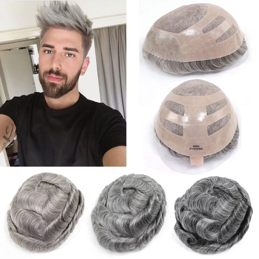 

Bond Men Toupee Human Hair Mix Grey Hair Wave Replacement System Prosthesis Fine Mono With Npu Male Wig Hair Toupee 8x10