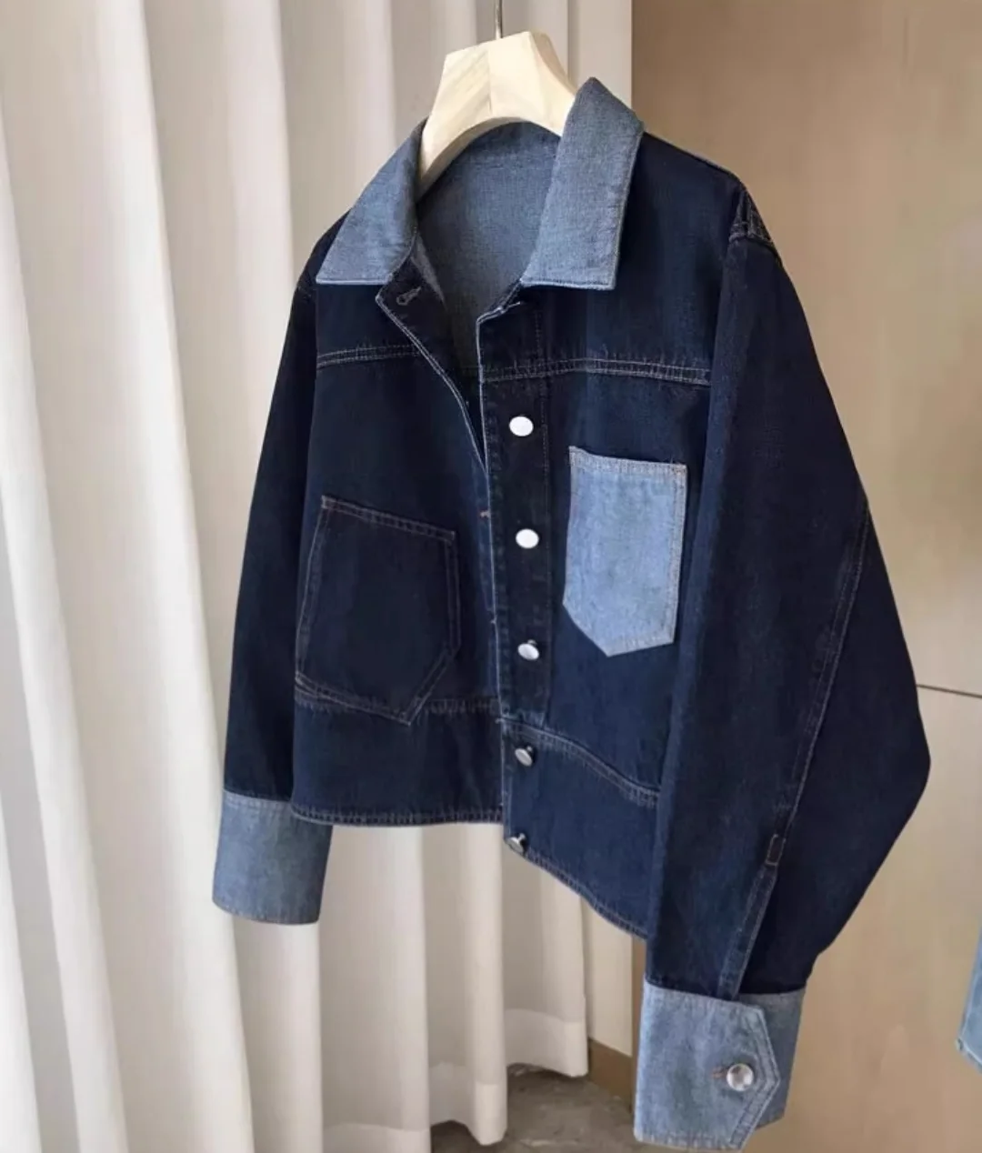 Autumn and winter jacket washed denim cotton loose retro water blue lapel double pocket jacket