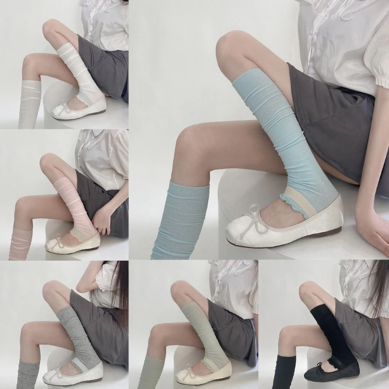 

Over Calf Long Socks Sweet Ruffled Trim Stockings Leg Cover for Women Girl