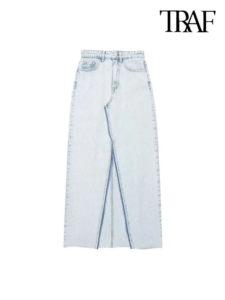 

TRAF Women Fashion With Seamless Front Slit Denim Midi Skirt Vintage High Waist Zipper Fly Female Skirts Mujer