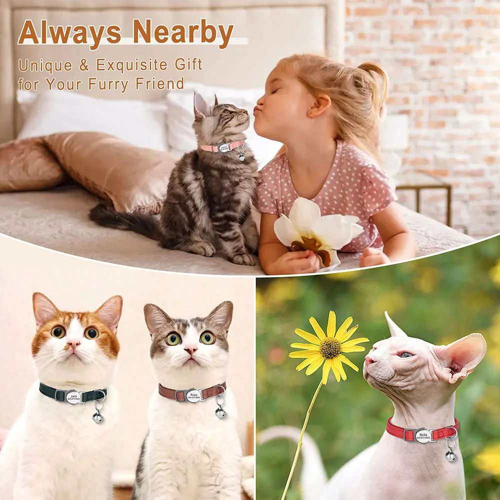 Personalized Cat Collar PU Leather Cat Safety Collars Adjustable Kitten Necklace With Free Engraved ID Nameplate Bell Gift 5