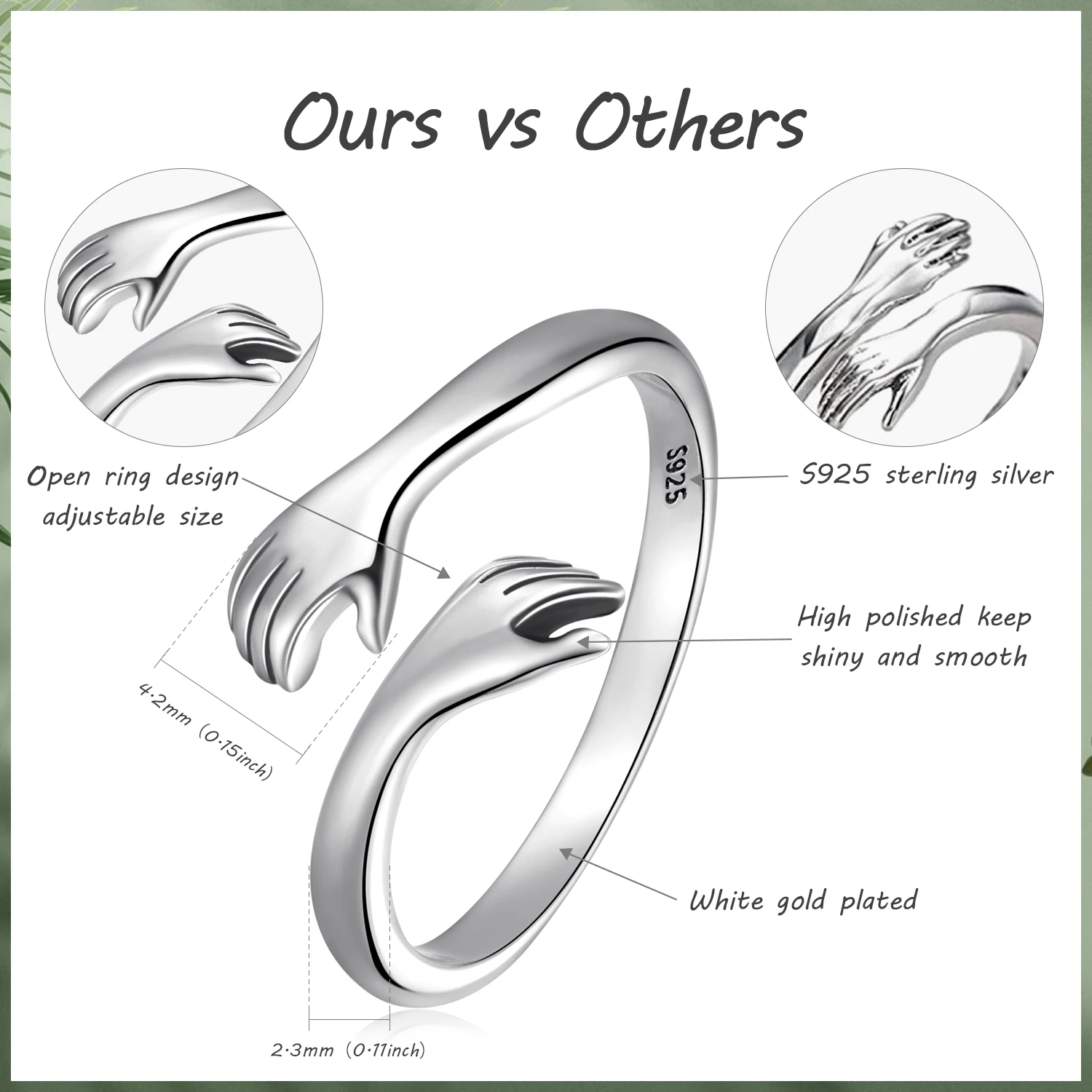 BISAER 925 Sterling Sliver Hand Hug Open Ring Heart Forever 3 Colors Rings Plated Platinum For Women Party Wedding Fine Jewelry