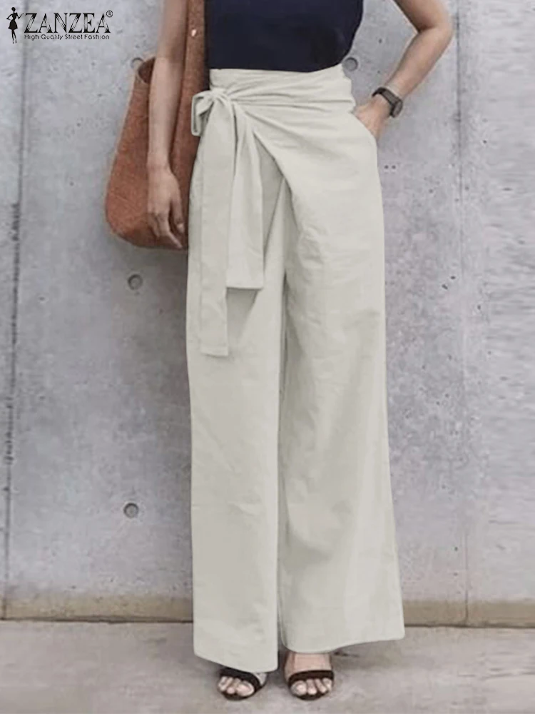 

ZANZEA Fashion Summer Pants Women High Waist Lace Up Pants Streetwear Wide Leg Trousers Loose Pantalon Stylish Work OL Palazzo