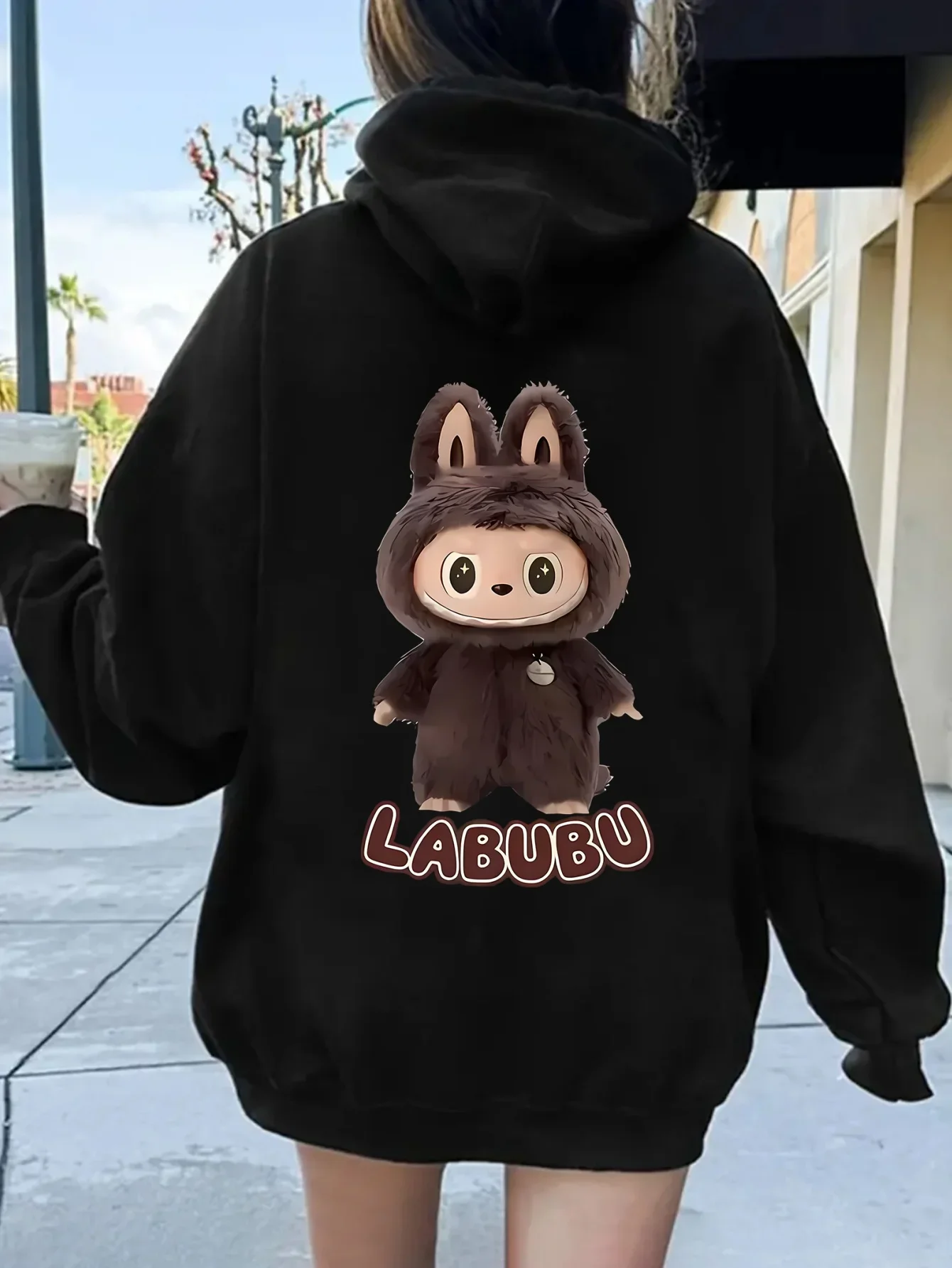 Labubu Cartoon Print Hoodie for Women – Casual Polyester Pullover with Stretch & Alphabet Pattern, Cozy Hooded Sweatshirt 1