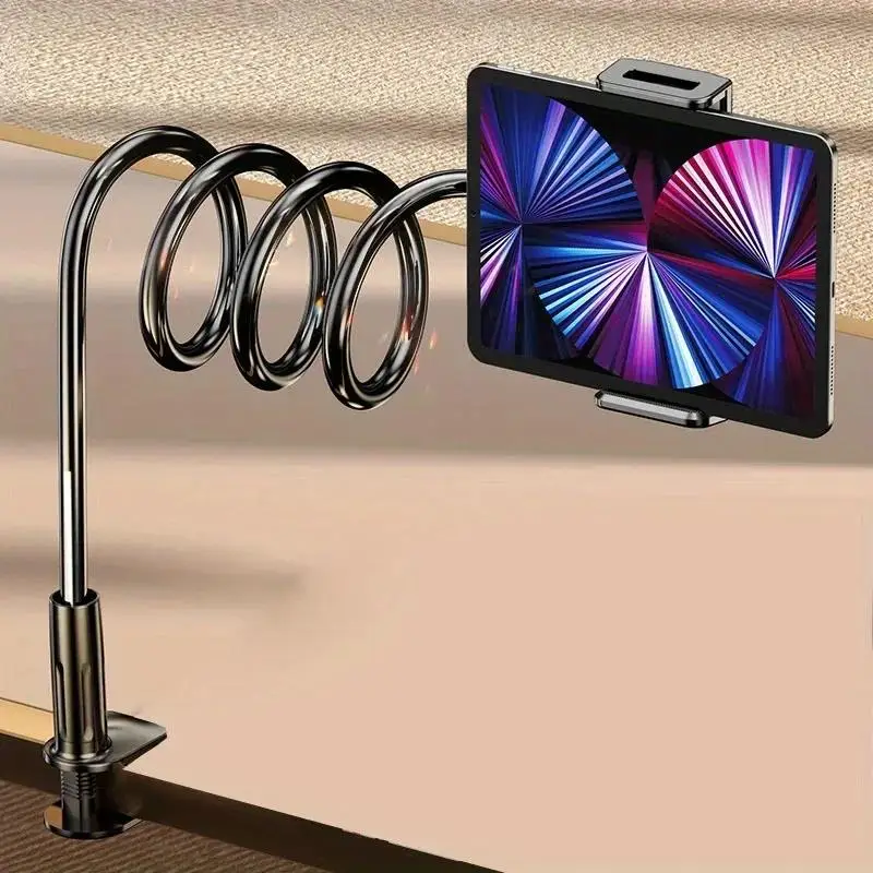 Schwarzer spiralförmiger Arm mit flexiblem langem Tablet-Ständer, Bettmontage-Klemmhalterung, aus dauerhaftem Material; hält ein elegantes, modernes iPad mit einem lebendigen, farbenfrohen radialen Muster auf dem Bildschirm