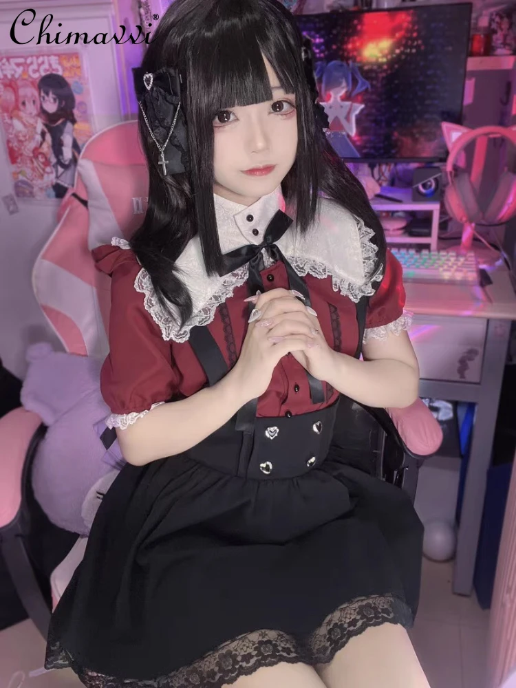 

Halloween Wine Red Detachable Collar Lace Short Sleeve Shirt Black Sling Short Skirt 2023 Summer Women's Sweet Two-Piece Set