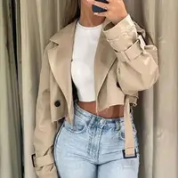 Women Fashion Belt Cropped Coat Long Sleeve Turn Down Collar Short Jacket Vintage Chic Double Breasted Trench Coats Lady Outfit 1