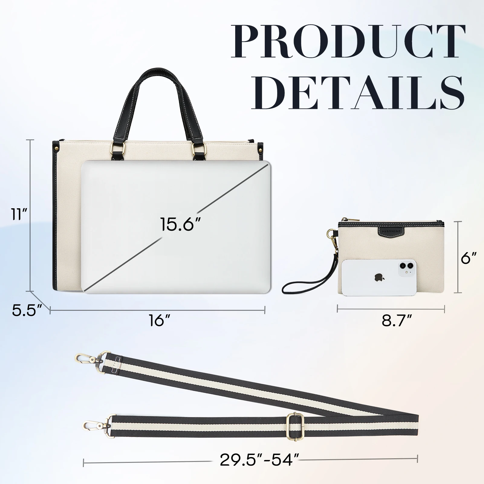 Missnine-canvas Laptop Bolsa para Mulheres Maleta Feminina Bolsa de Ombro Bolsa de Trabalho Laptop Bolsa Adequado para Viagens Escritório Casual 15.6 Polegada - Imagem 2