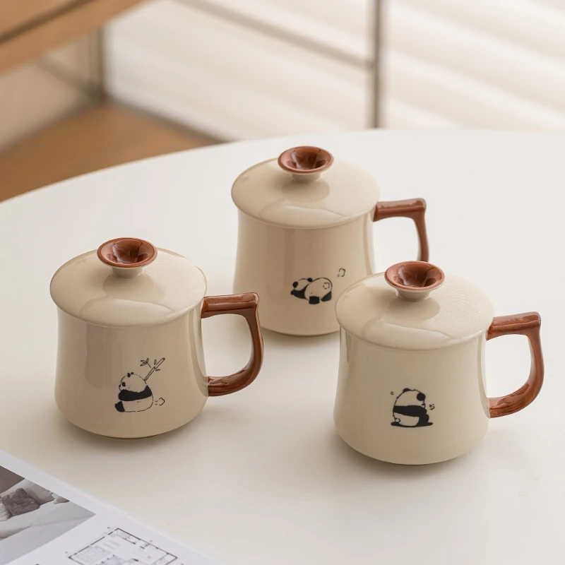 Chinese Style Ceramic Hand Drawn panda Patterns Tea Mugs, Home Personal Creative With Cover, Milk, Water, Coffee Cup, 360ml, 1Pc