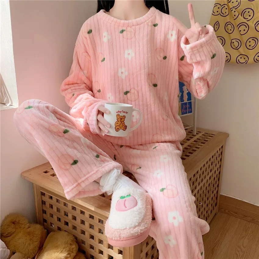 Coral Fleece Bear Print Warm Set Winter Cozy Sleepwear Cute Cartoon Girls Home Outfit Comfortable Loungewear Soft Pajamas