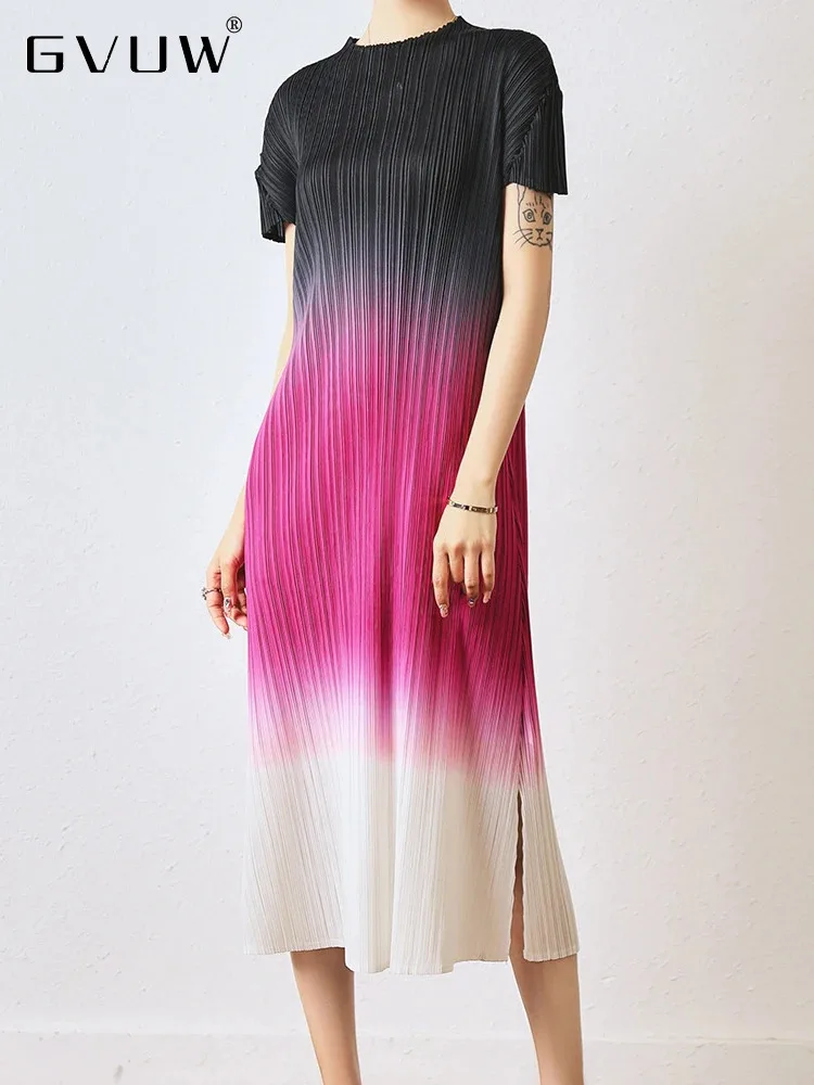 

GVUW Pleated Gradient Color Dress Women Short Sleeve Round Collar Medium Long New 2024 Elegant Lady Split Long Dresses 17G7351