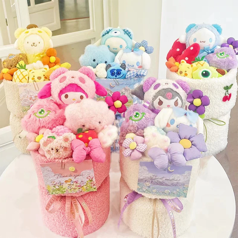 

Sanrio Hello Kitty Kuromi Kawaii Anime Y2K Bouquet Dolls Plush Cartoon Cute Student Dormitory Plush Decorate Toys Gifts Girls