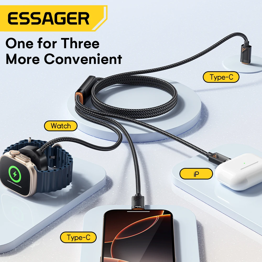 Essager 3 in 1 100W Multi USB C Charging Cable for Apple iWatch iPhone 16/15/14/13 Pro With Type C Lightning Fast Charging Cable