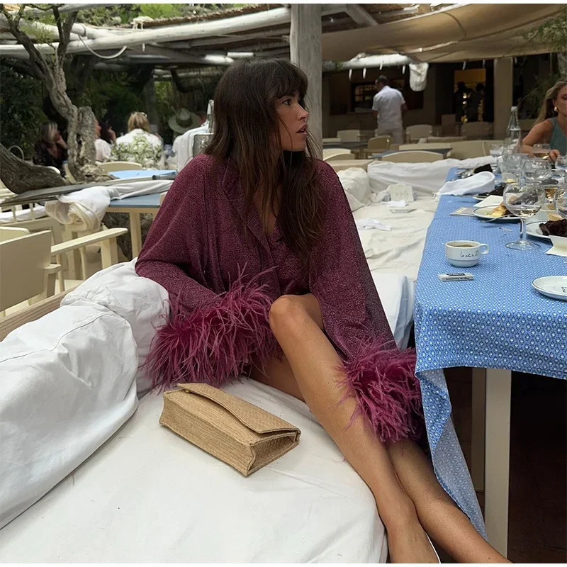 Glitter Feather Oversize Shirt Women Fashion Sparkle Stand Collar Single-breasted Long Flare Sleeve Blouse Lady Y2K Outwear