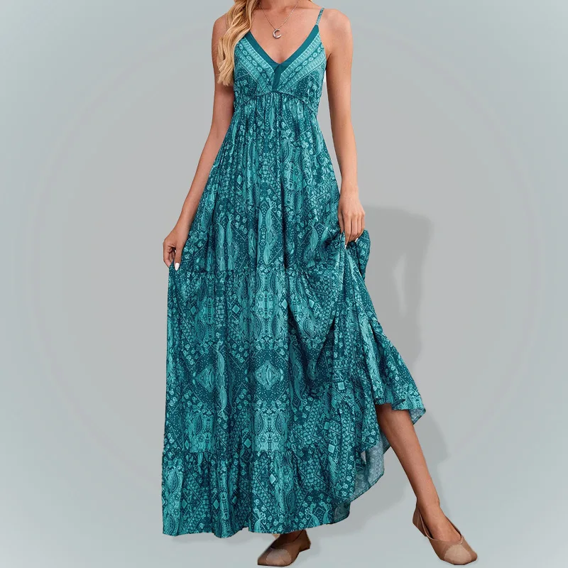 

Sexy Sleeveless Long Dress Women Sling Backless Boho Robe Summer Vintage Ethnic Print Beach Sundress Higt Waist Party Vestidos