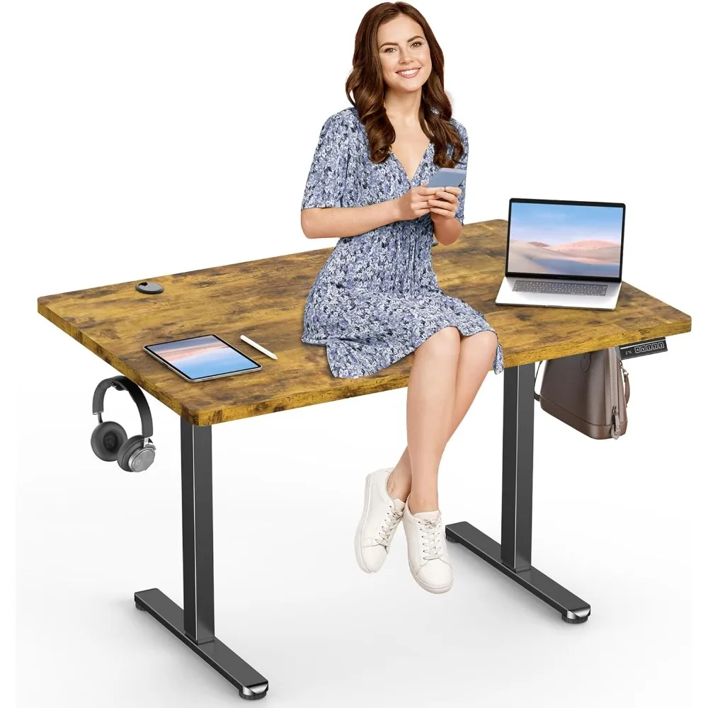 Sit Stand Desk Adjustable Height 48"× 24" Memory Computer Stand Up Desk for Home Office Study Table with Hook, Rustic Brown