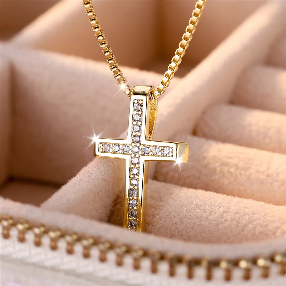 Luxury Female Crystal White Zircon Stone Cross Pendant Necklace Vintage Yellow Gold Color Wedding Jewelry For Women